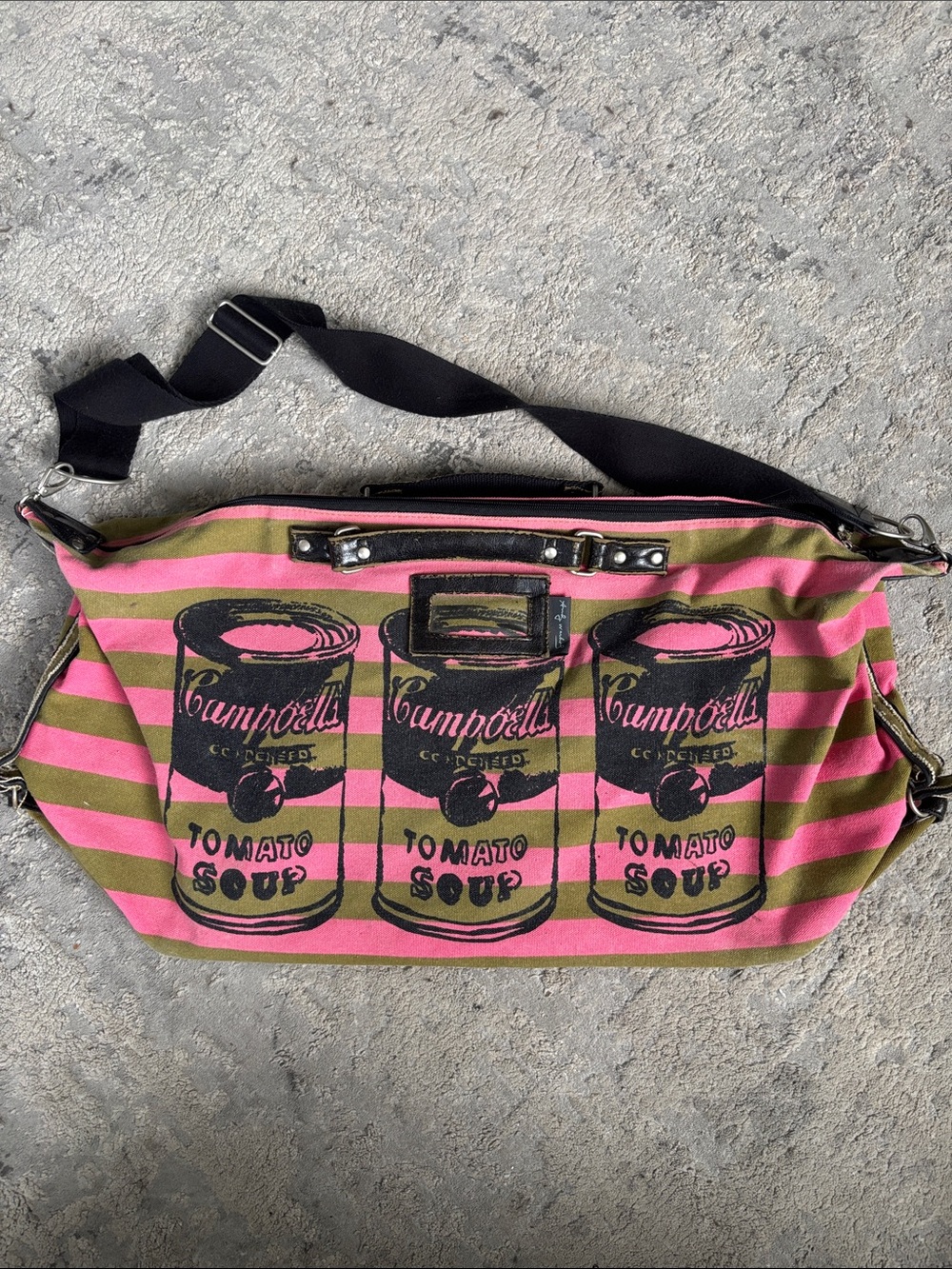 Striped Pink and Olive Canvas Shoulder Bag with Pop Soup Can Print